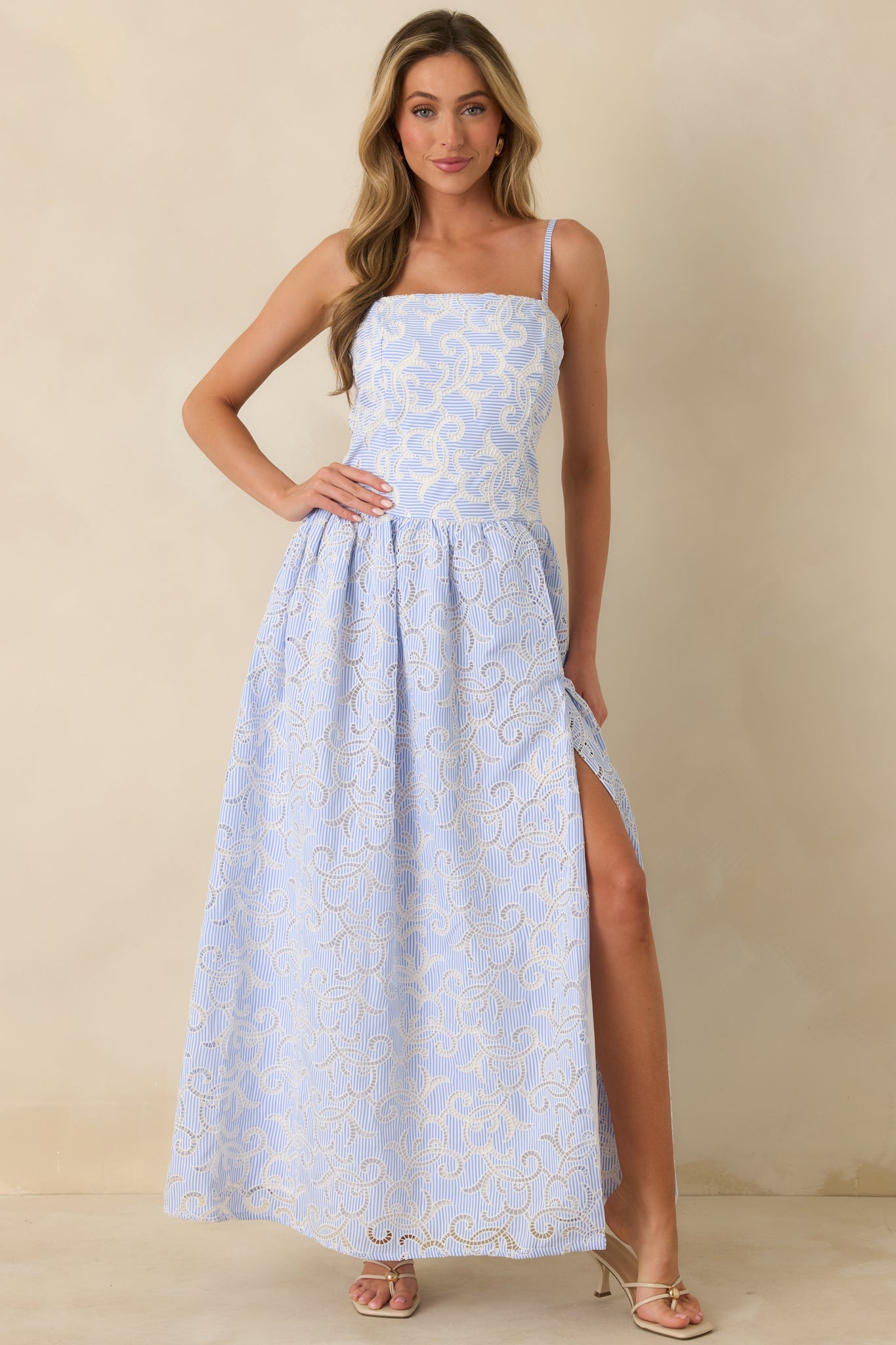 The Space Between Blue Stripe Embroidered Eyelet Maxi Dress