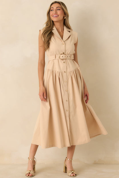 Just Right Moments Beige Sleeveless Belted Maxi Shirt Dress