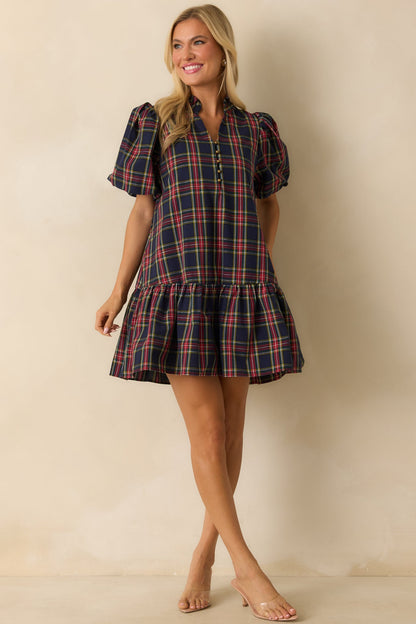 Wrapped in Cheer Navy Plaid Mini Dress