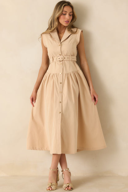 Just Right Moments Beige Sleeveless Belted Maxi Shirt Dress