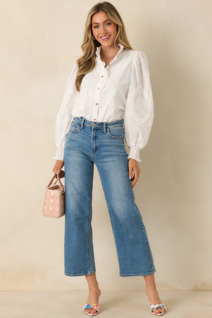 I Will Be Here White Eyelet Appliqué Detail Cotton Long Sleeve Blouse
