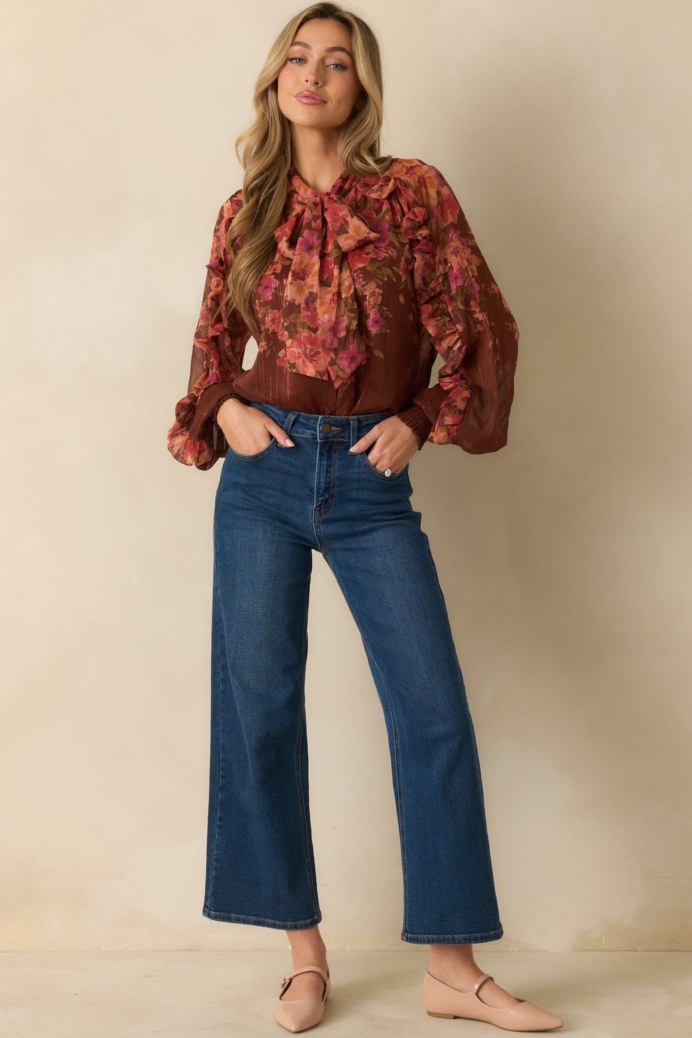 Forever Falling Brown Multi Floral Print Bow Blouse