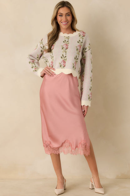 Just Call Me Later Blush Pink Satin Lace Trim Midi Skirt