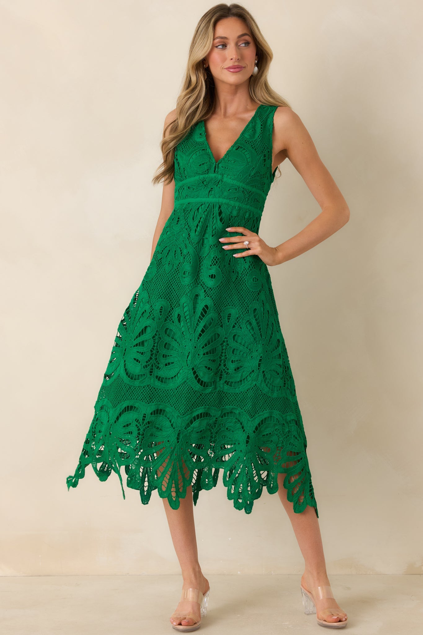 Where the Party Is Green Lace V-Neck Sleeveless Midi Dress
