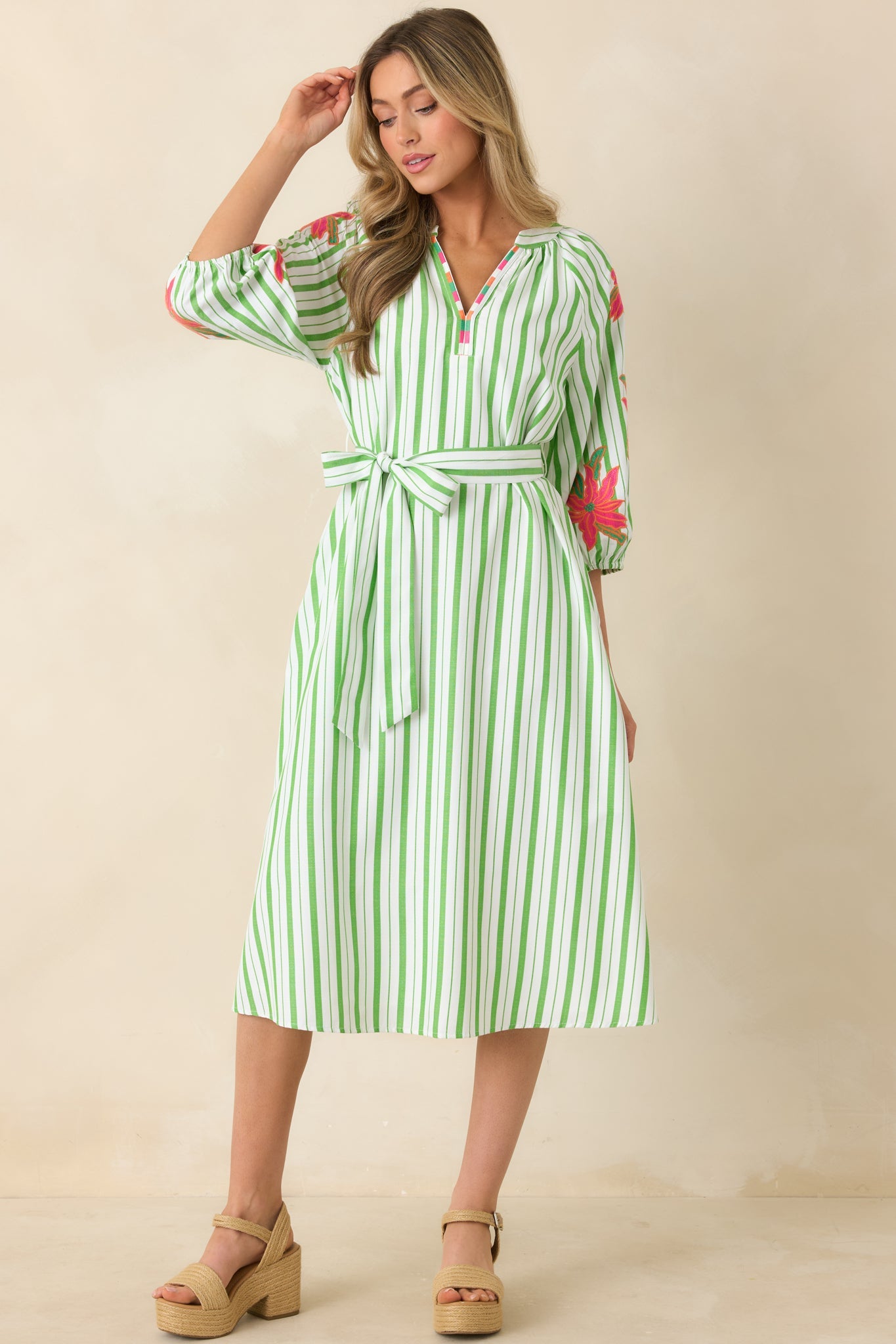 Having a Bright Outlook Green Stripe Floral Midi Dress
