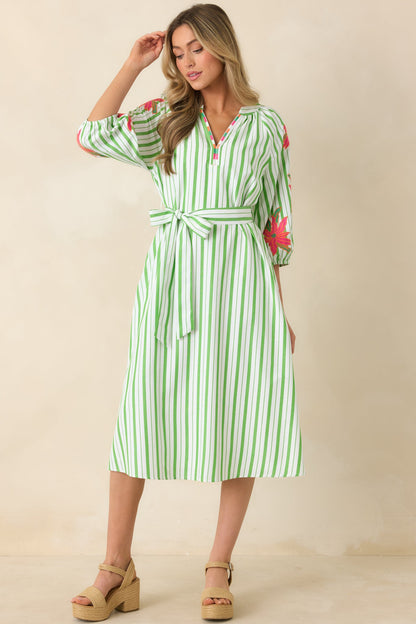 Having a Bright Outlook Green Stripe Floral Midi Dress