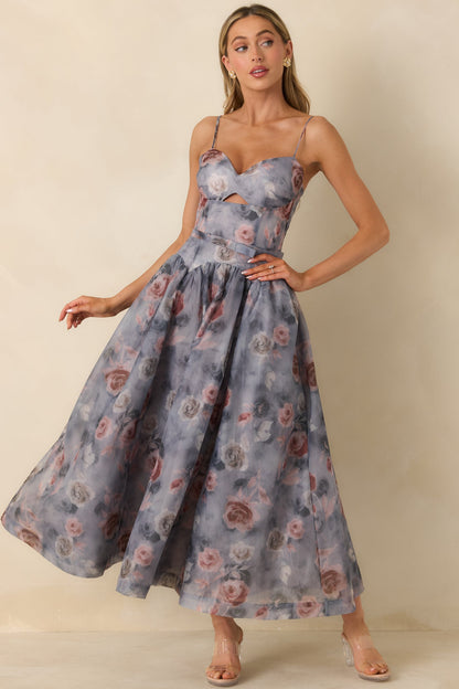 Bloom Service Grey Multi Floral Cutout Bodice Midi Dress