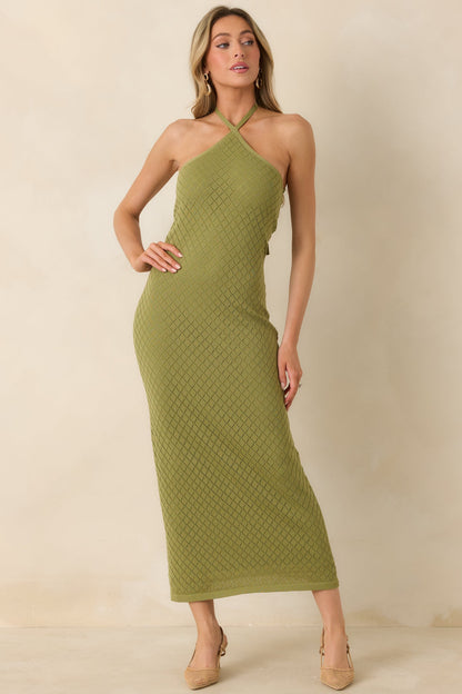 Causing a Heatwave Olive Green Textured Diamond Knit Halter Midi Dress