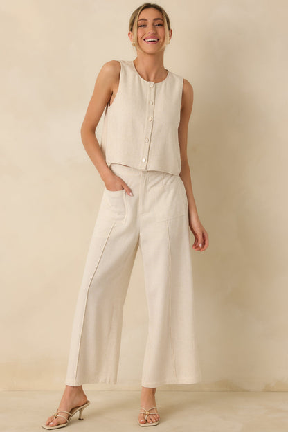 Met Your Match Natural Linen-Blend Wide Leg Pants