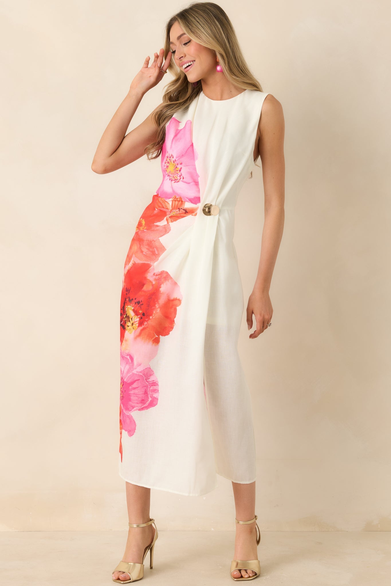 Do a Double Take Ivory Multi Floral Print Midi Dress