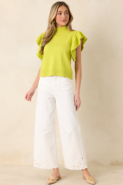Watch Her Work Chartreuse Green Knit Flutter Sleeve Top