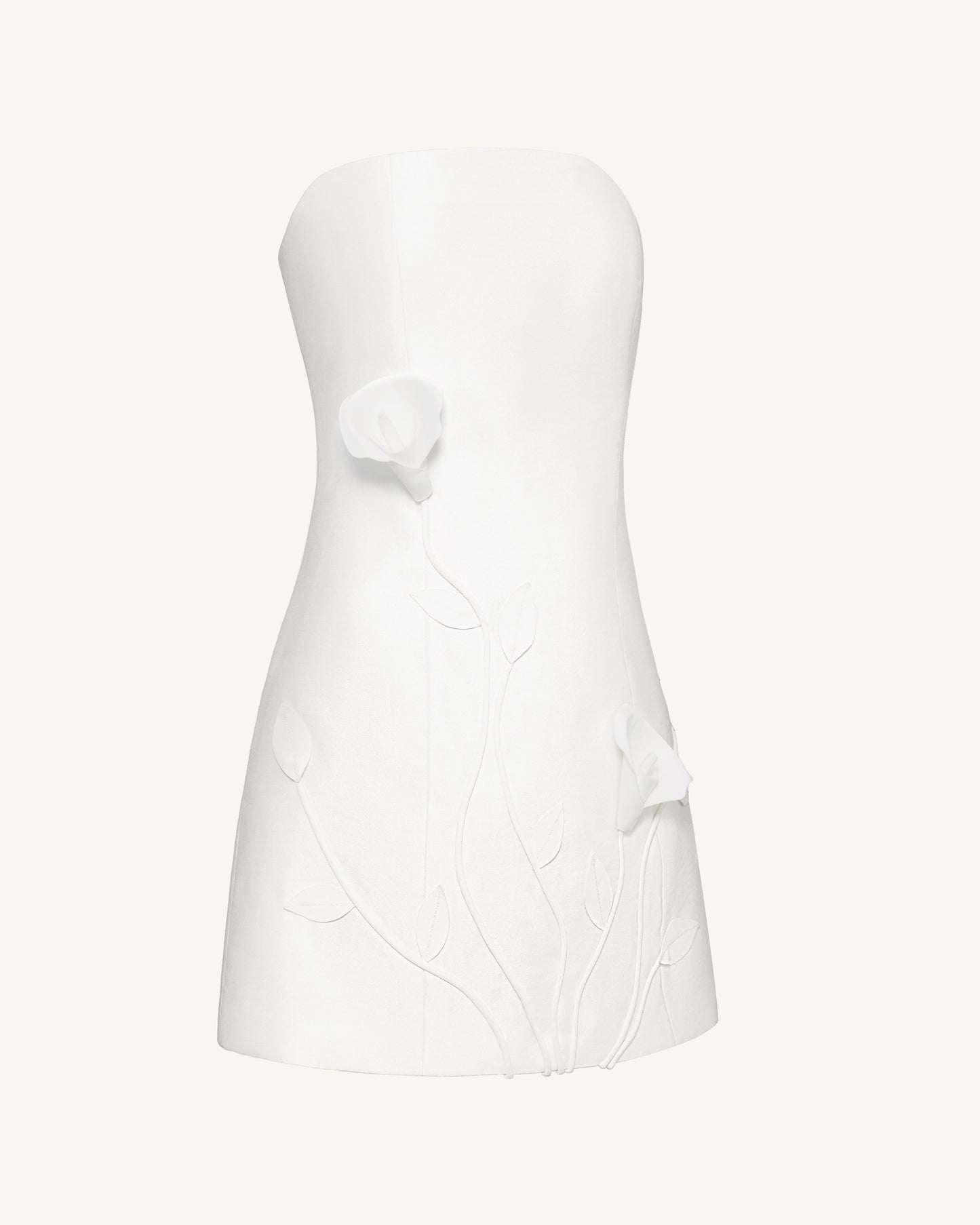 3D 藤蔓花卉平口短洋裝 – 白色