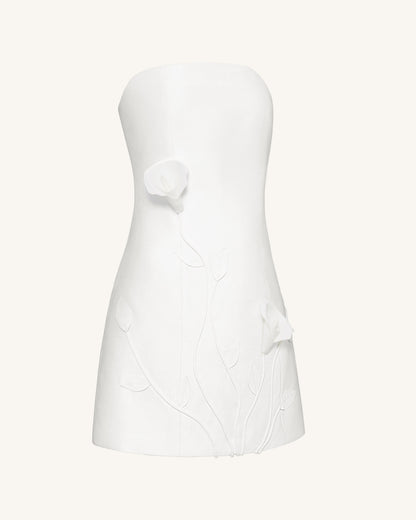 3D 藤蔓花卉平口短洋裝 – 白色