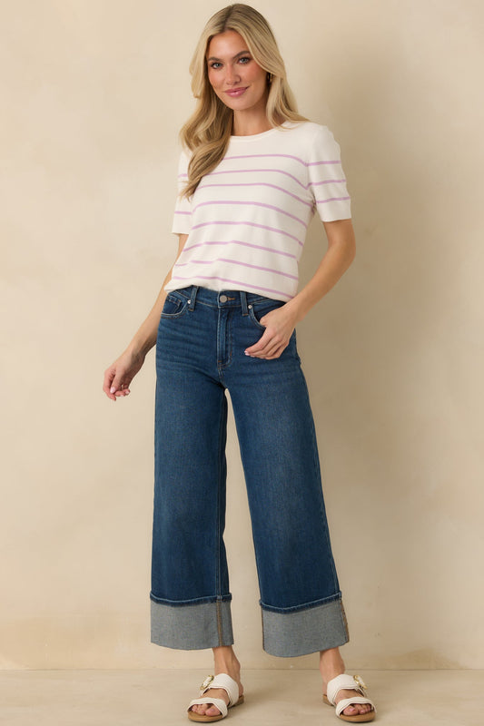 Bound to Happen Lavender Stripe Knit Short Sleeve Sweater
