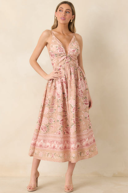 Totally in Love Beige & Pink Floral Deep V-Neck Midi Dress