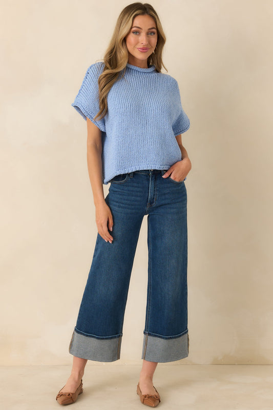 Have a Knack For It Light Blue Chunky Knit Cotton Short Sleeve Sweater