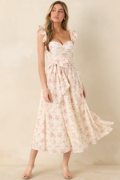 Gabrielle Light Pink Floral Cotton Bustier Midi Dress