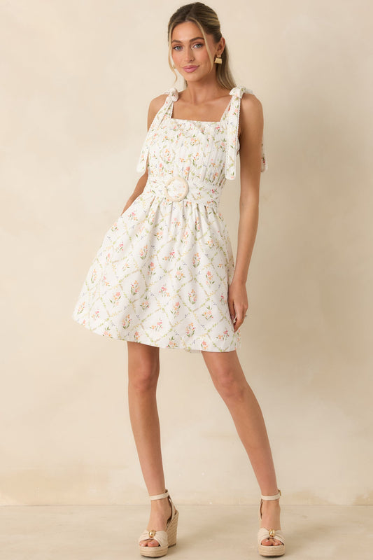 Just Like Spring White Multi Cotton Floral Pleated Mini Dress