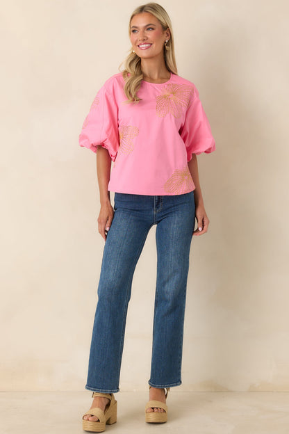 Pop of Play Pink Contrast Embroidered Cotton Top