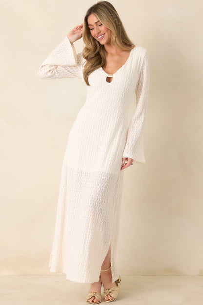 Just a Hint of Glam Ivory Textured Semi-Sheer Long Sleeve Maxi Dress