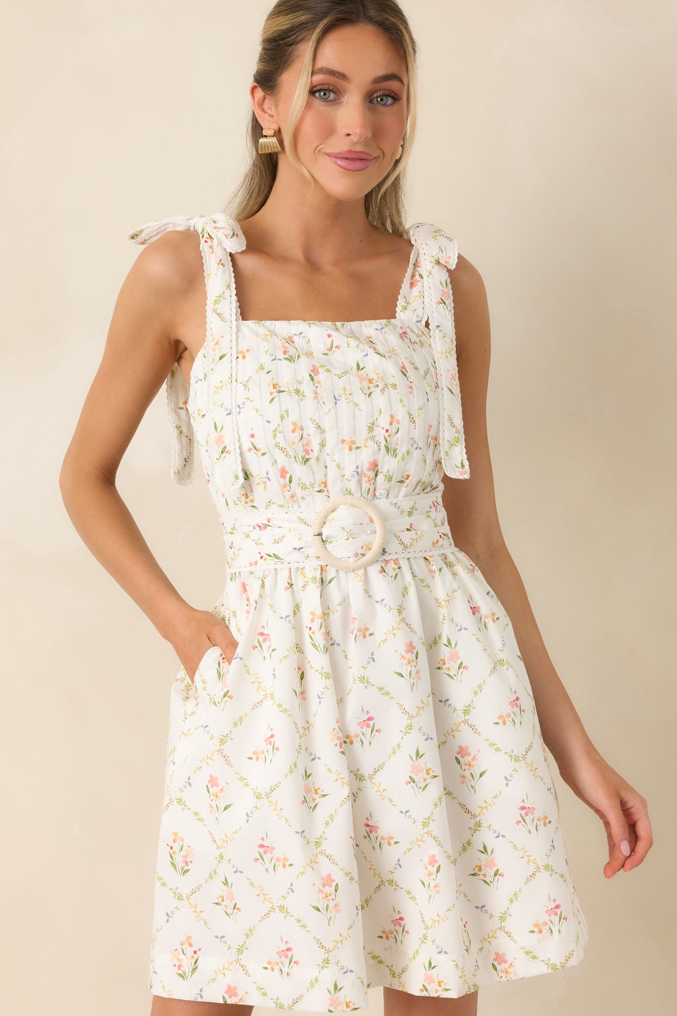 Just Like Spring White Multi Cotton Floral Pleated Mini Dress