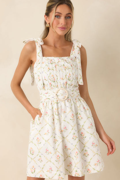 Just Like Spring White Multi Cotton Floral Pleated Mini Dress