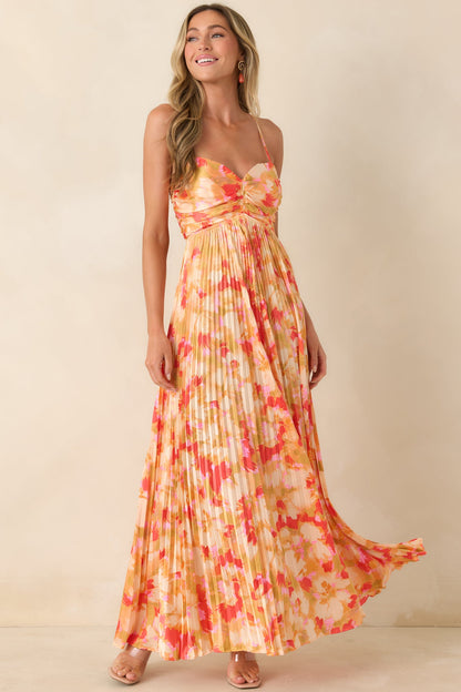 Painted in Sunshine Peach & Red Multi Satin Finish Pleated Maxi Dress