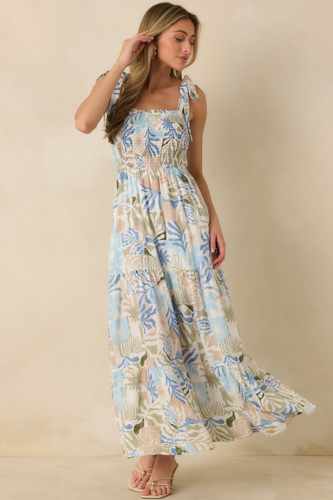 Shoreline Sonata Blue Multi Palm Print Tie Strap Tiered Maxi Dress