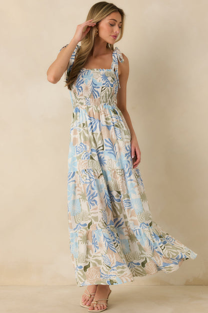 Shoreline Sonata Blue Multi Palm Print Tie Strap Tiered Maxi Dress