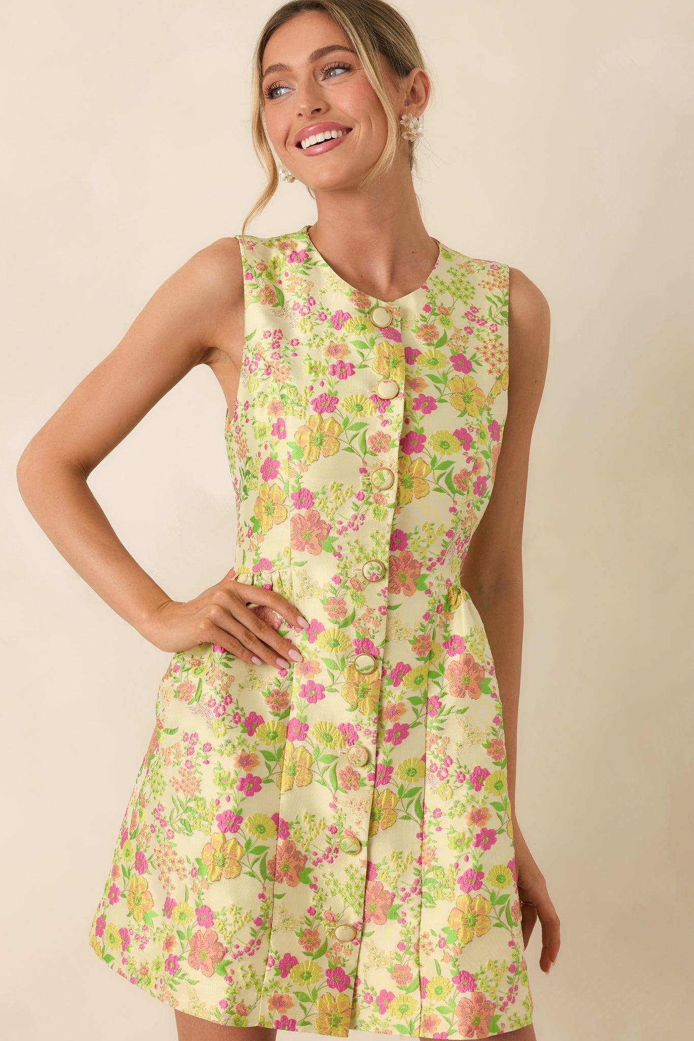 Fresh Picked Feelings Yellow Multi Floral Button Front Sleeveless Mini Dress
