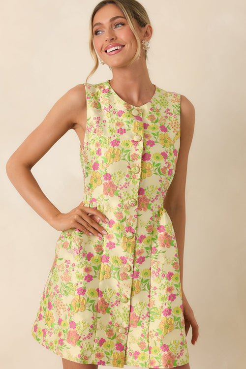 Fresh Picked Feelings Yellow Multi Floral Button Front Sleeveless Mini Dress