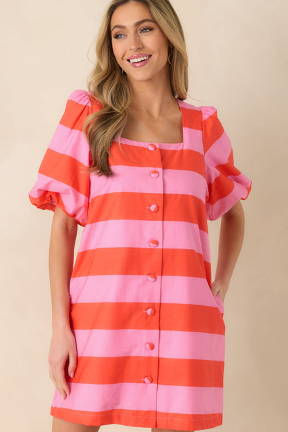 Sweet Talker Pink & Poppy Red Stripe Cotton Mini Dress