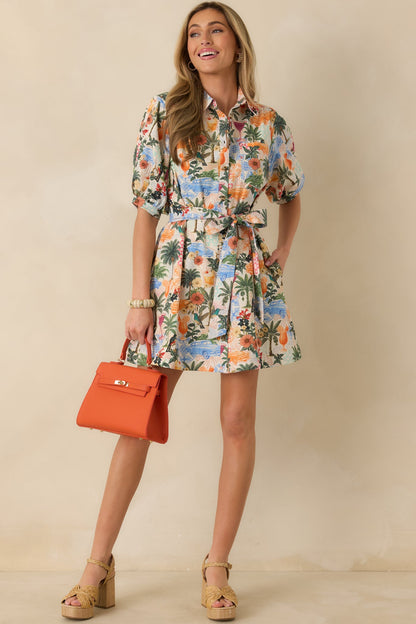 Retro Riviera Multi Tropical Print Tie-Belt Mini Shirt Dress