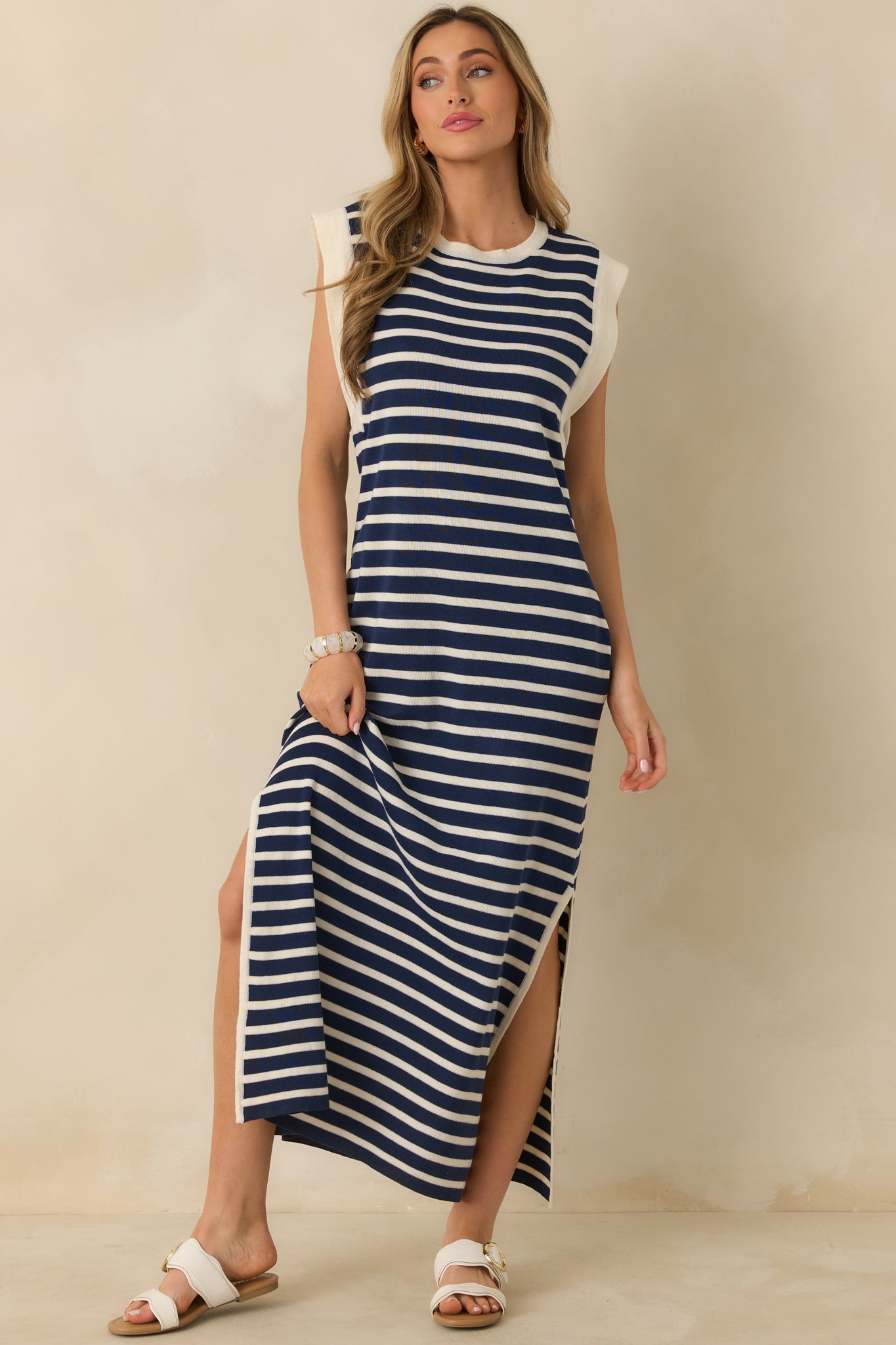 Keep It Straight Navy Stripe Stretch Knit Maxi Dress