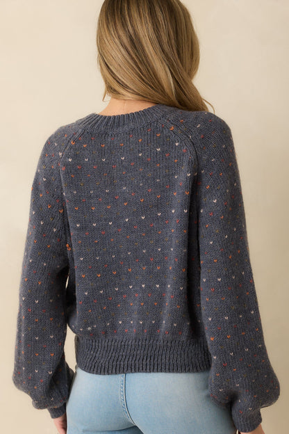 Sweet On You Navy Heather Knit Heart Button Up Cardigan Sweater