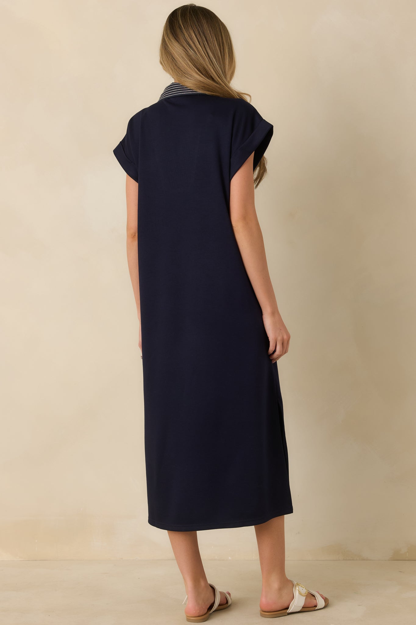 Let It Play Out Navy Knit Contrast Detail V-Neck Short Sleeve Midi Dress
