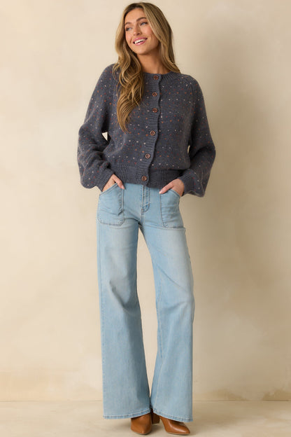 Sweet On You Navy Heather Knit Heart Button Up Cardigan Sweater
