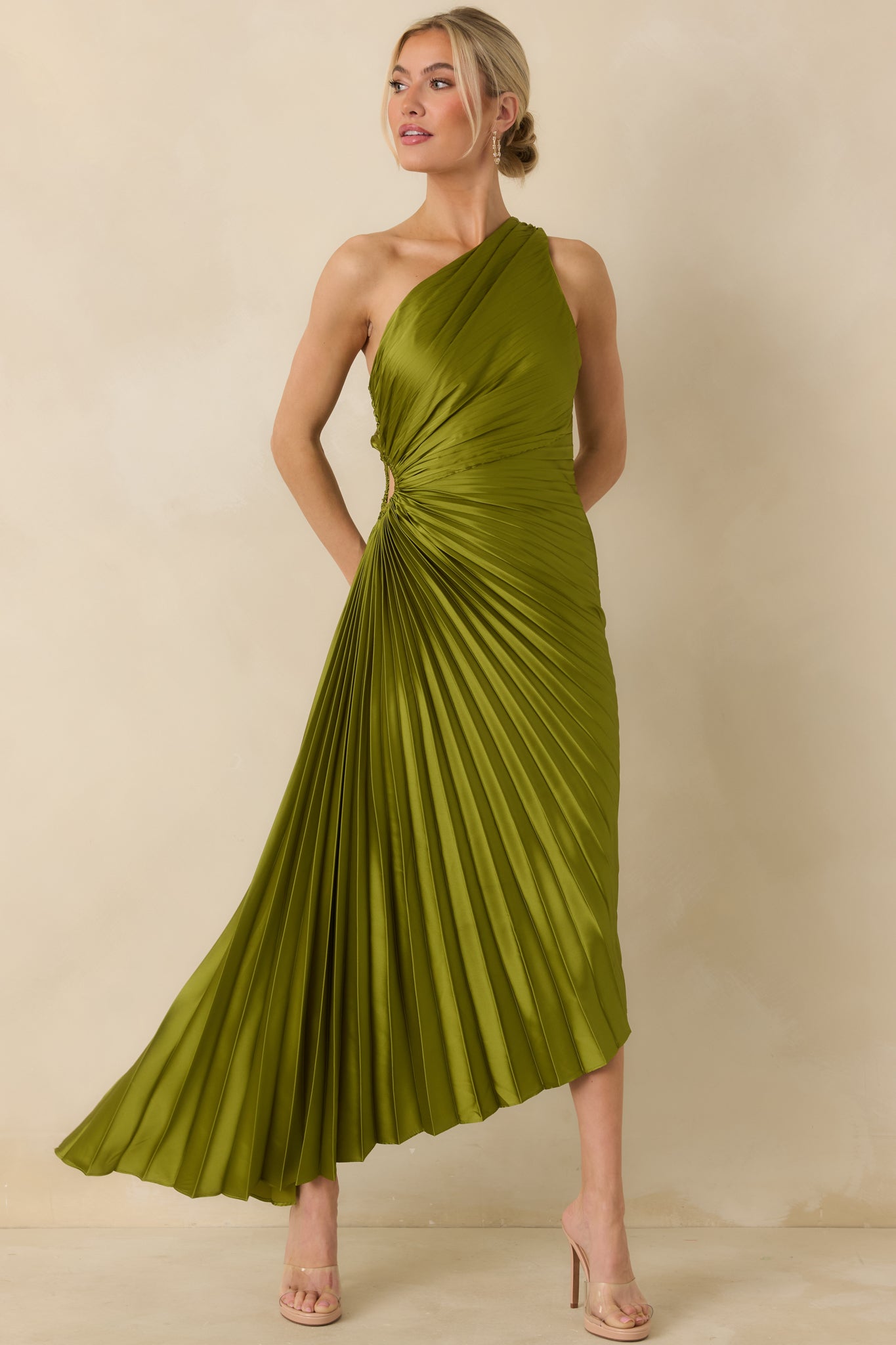 Poetic Charm Olive Green Asymmetric One Shoulder Maxi Dress