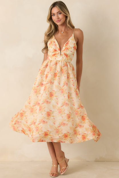 ASTR The Label Janna Orange Floral Midi Dress