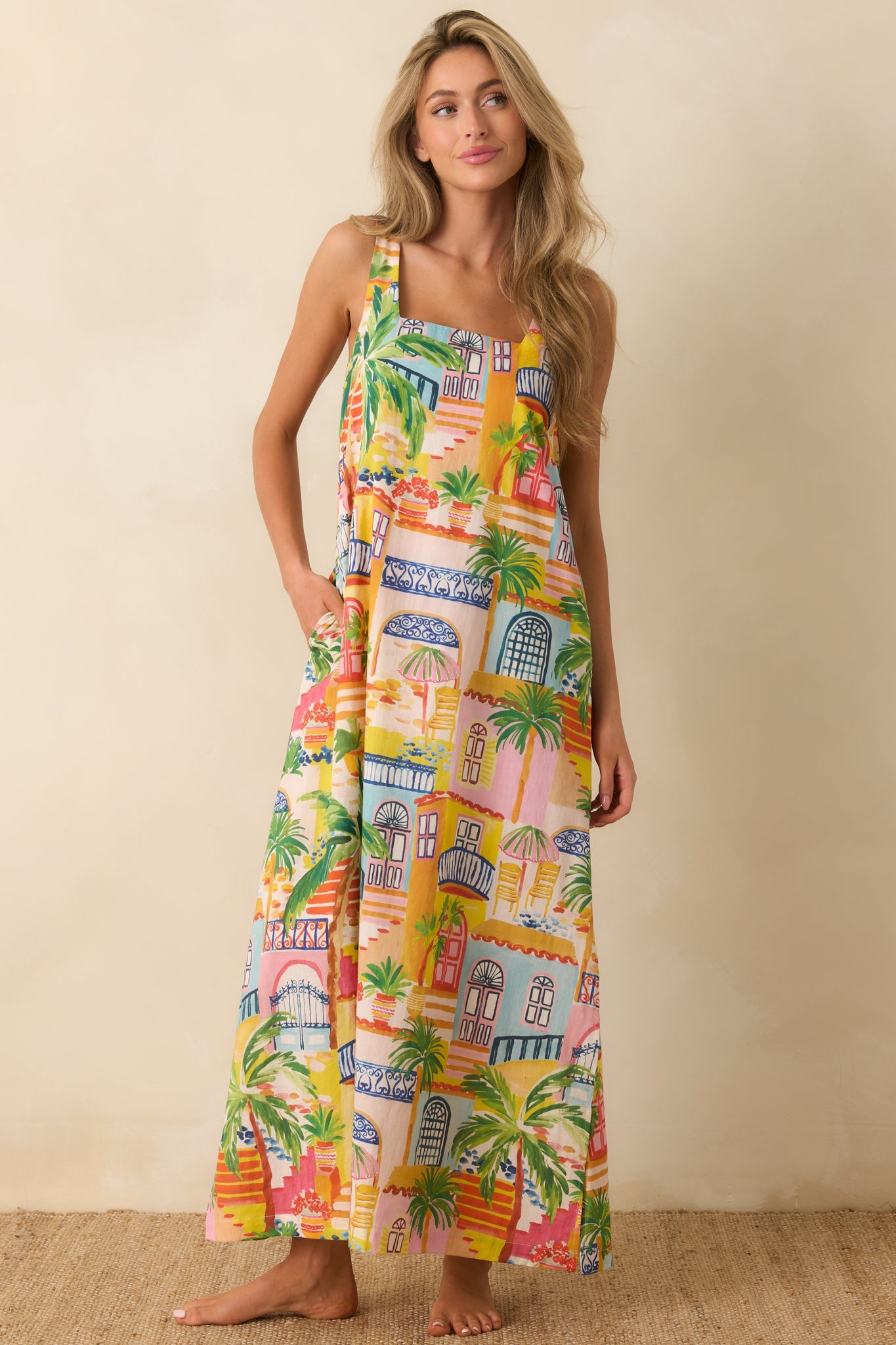 Paradisa Grenada Multi Coastal Village Print Cotton Maxi Dress