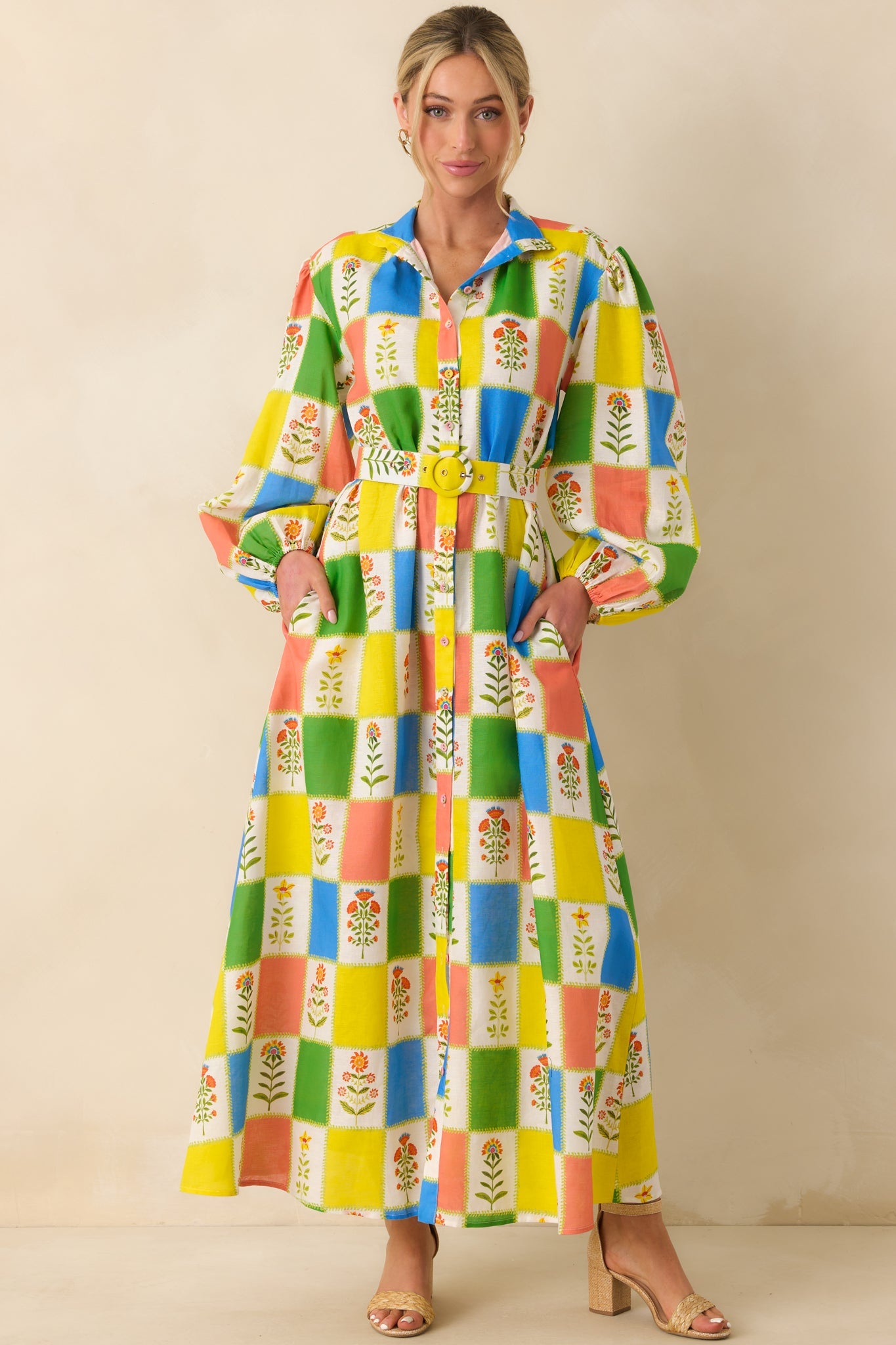 Prosperina Naomi Multi Floral Patchwork Linen Blend Maxi Dress