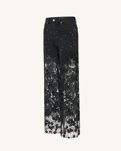 高腰寬褲管蕾絲刺繡水鑽牛仔褲 - 黑色
