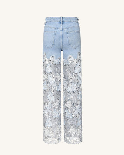高腰寬褲管蕾絲刺繡水鑽牛仔褲 - 淺藍色