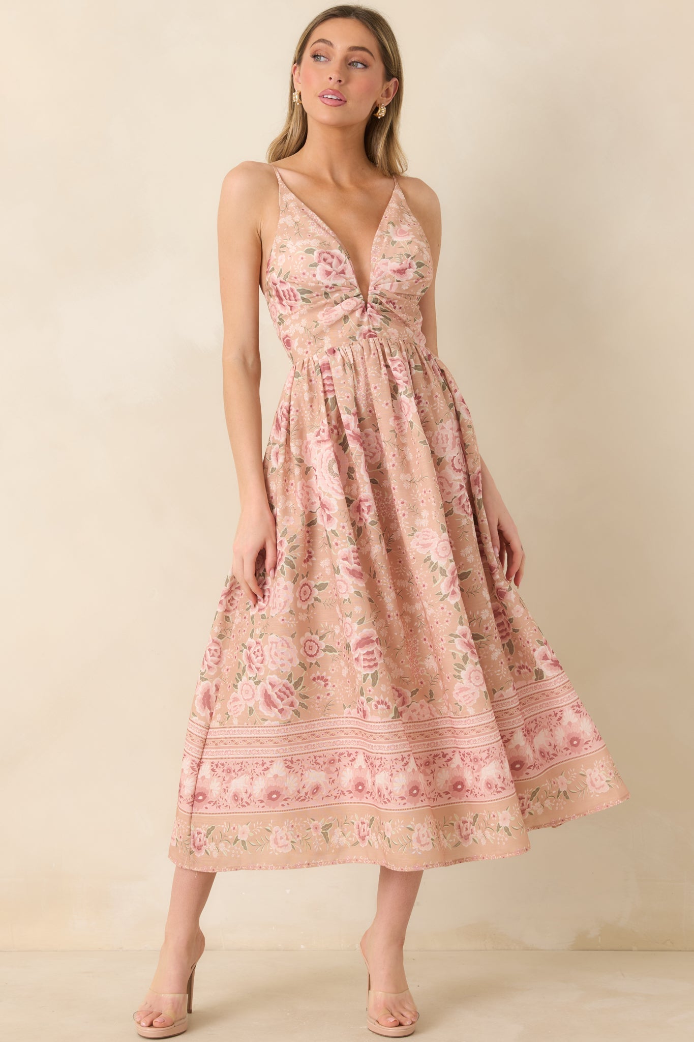 Totally in Love Beige & Pink Floral Deep V-Neck Midi Dress