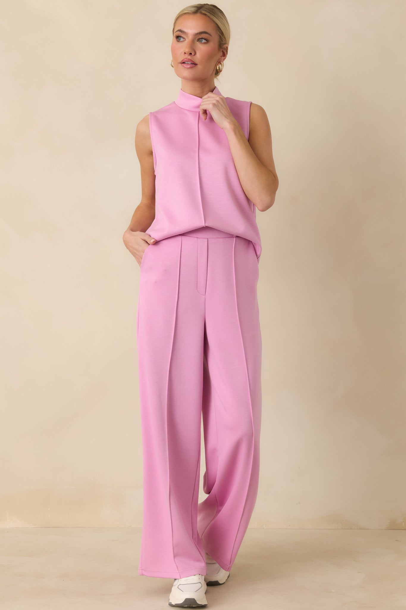 Ready to Jet Petal Pink Knit High-Waisted Wide-Leg Pants