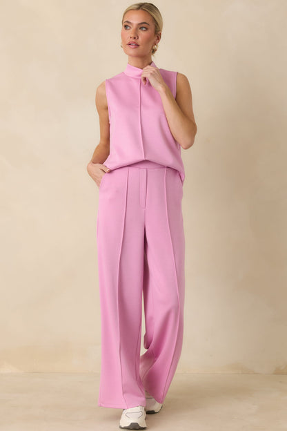 Ready to Jet Petal Pink Knit High-Waisted Wide-Leg Pants