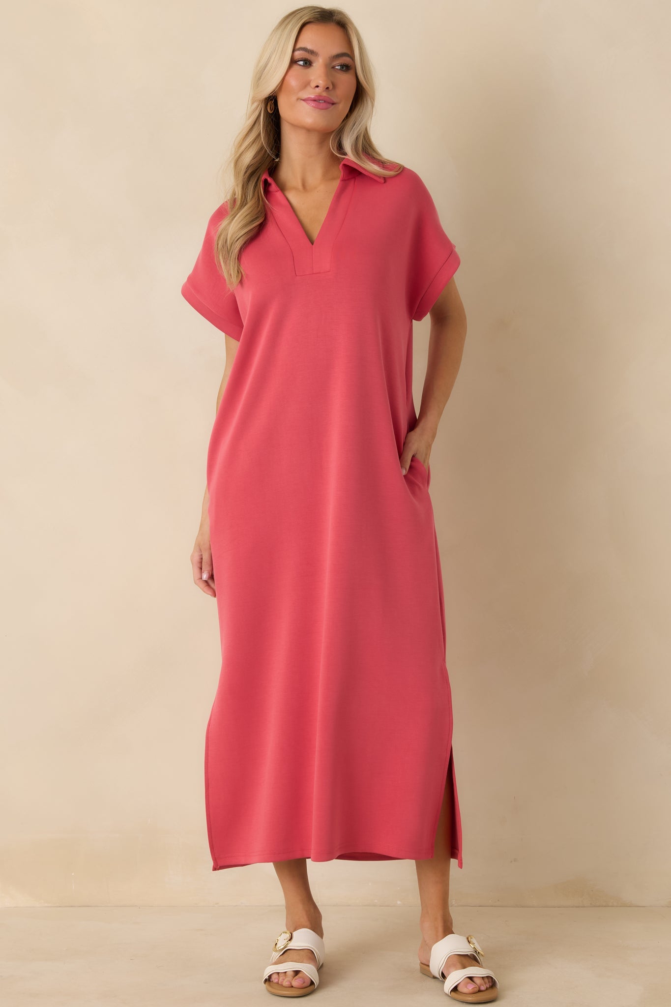 Made The Right Call Coral Pink Collared Midi T-Shirt Dress