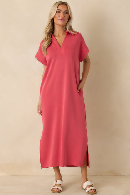Made The Right Call Coral Pink Collared Midi T-Shirt Dress