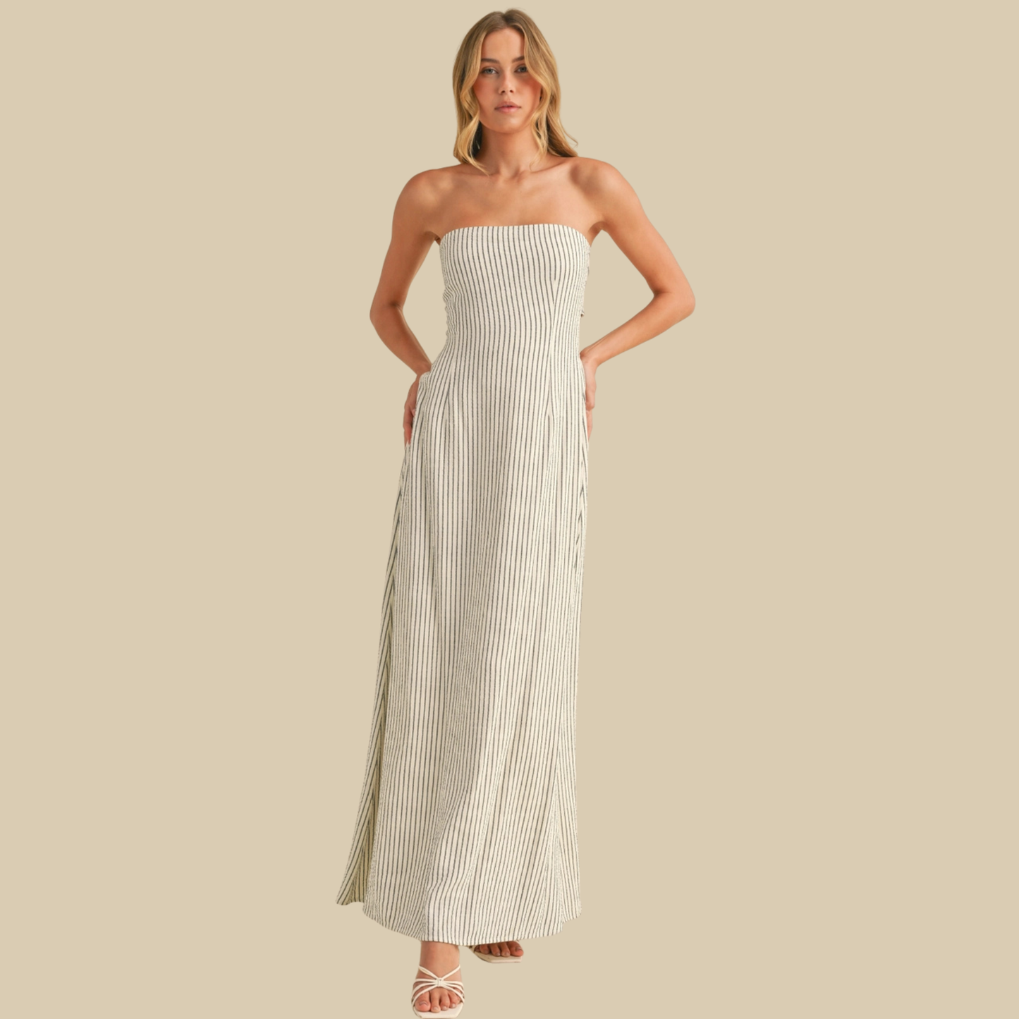 Klesis Striped Back Tie Strapless Maxi Dress