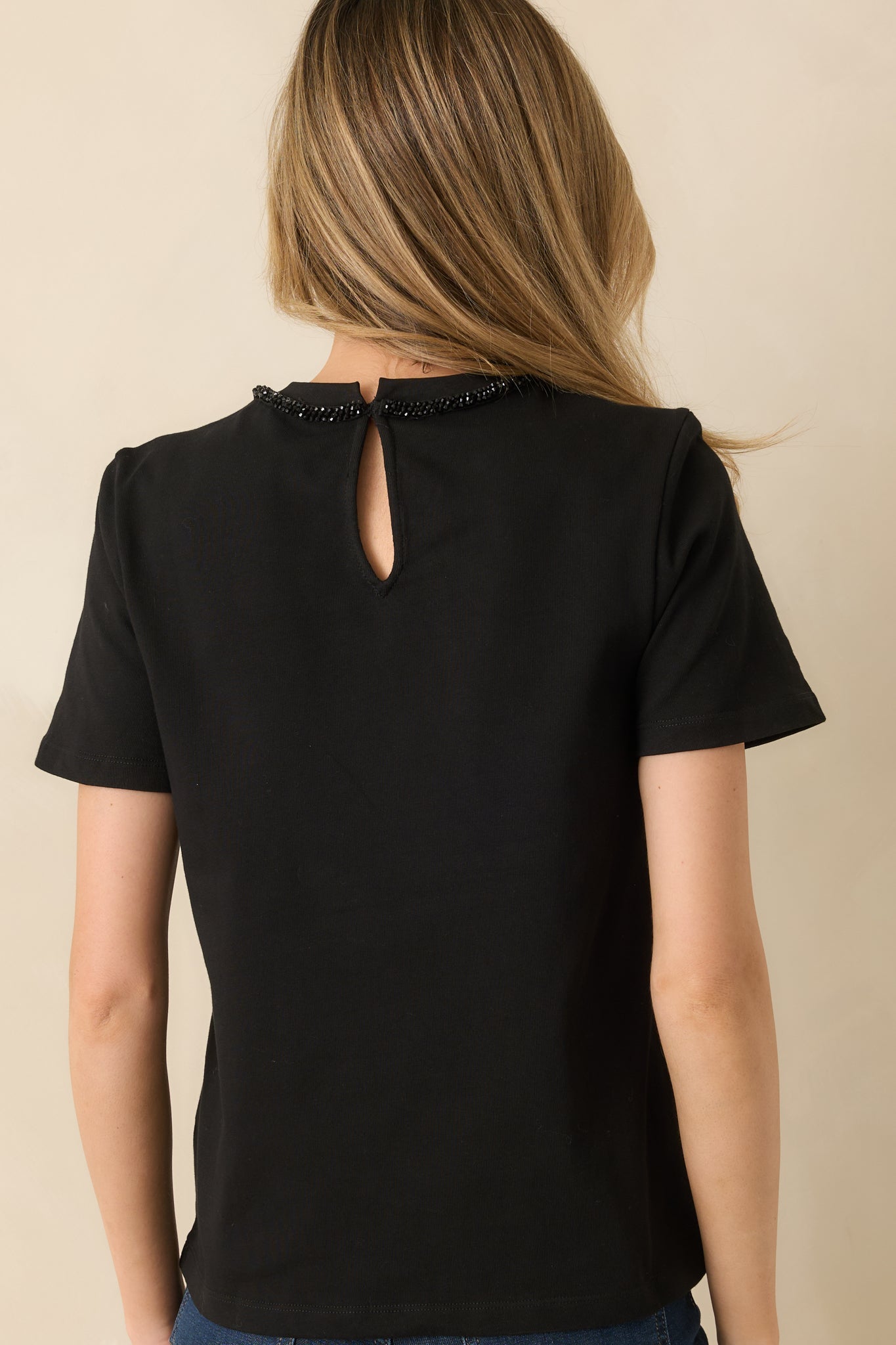 Tied To Charm Black Cotton Beaded Bow Short Sleeve Top